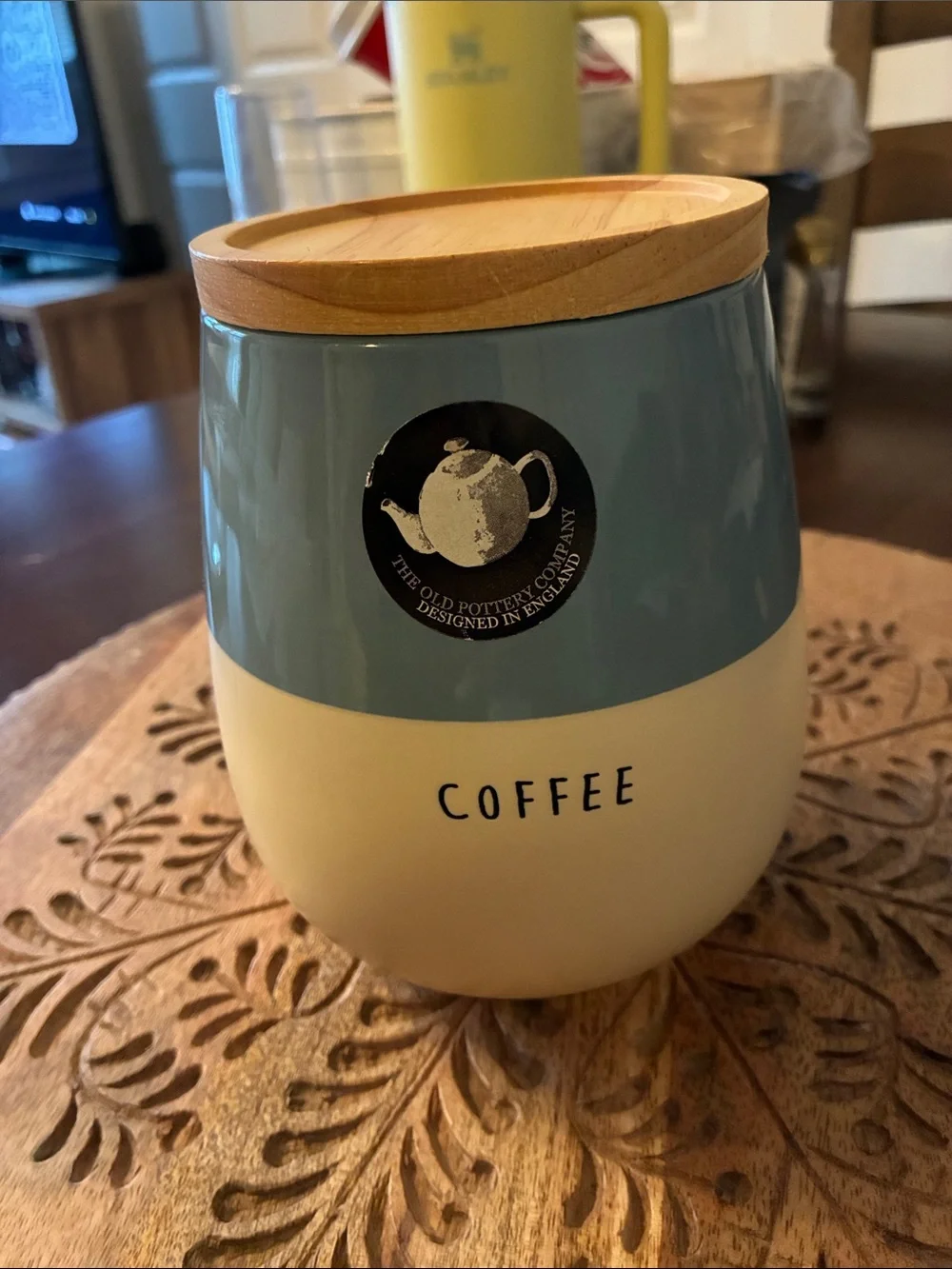 Blue & Cream Coffee Canister with Bamboo Lid